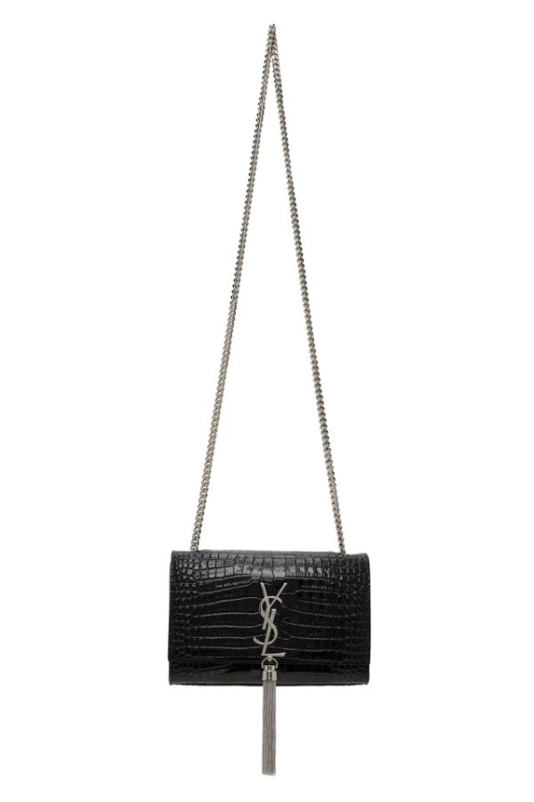 Black & Silver Croc Small Kate Tassel Bag