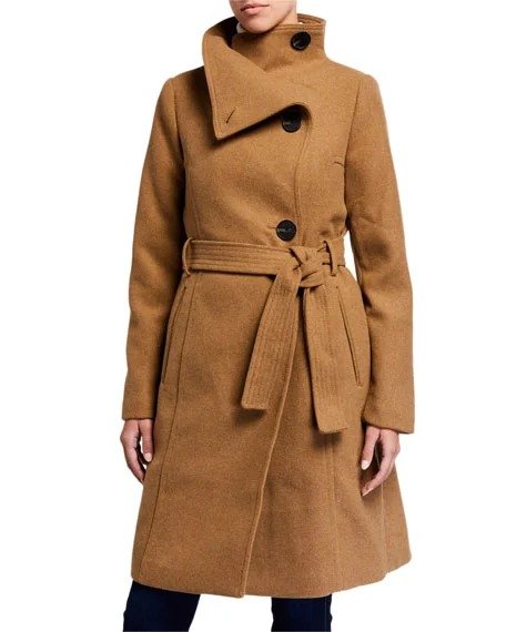Wool-Blend Belted Stand-Collar Coat