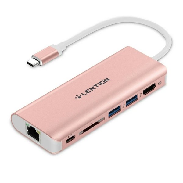 LENTION USB-C Digital AV Multiport Hub with 4K HDMI, 2 USB 3.0, Card Reader, Type-C Charging, Gigabit Ethernet Adapter (Rose Gold)