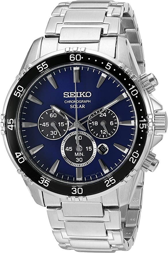 Men's Solar Chronograph Silvertone Watch with Blue Dial