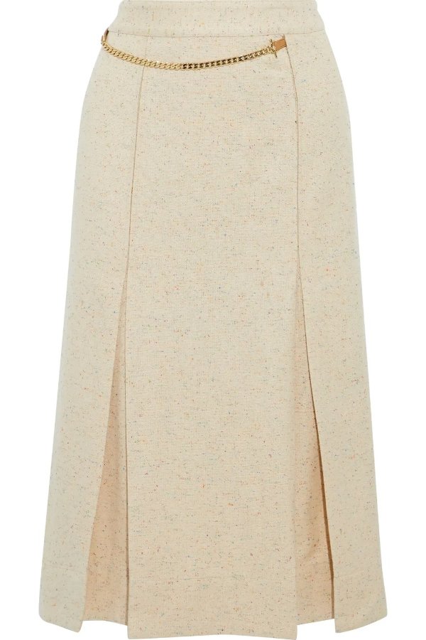 Chain-detailed pleated donegal silk-blend tweed wrap skirt
