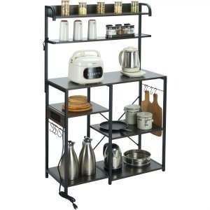 Kitchen Baker's Rack with Power Outlets, 7-Tier Industrial Microwave Stand with Hutch & 8 S-Shaped Hooks, Multifunctional Coffee Station Organizer, Utility Kitchen Storage Shelf, Dark Gray