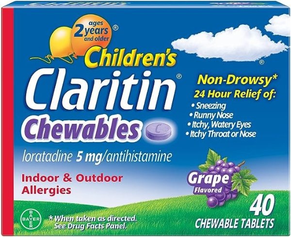 Children's Claritin 24-Hour Non-Drowsy Allergy Grape Chewable Tablet, Antihistamine, 40 Count