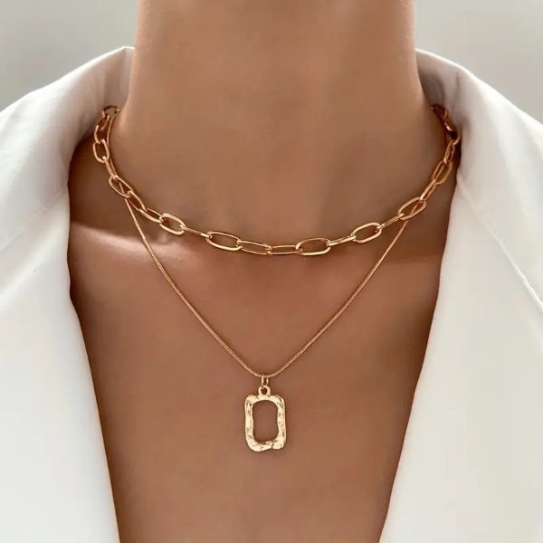Chic 1pc Geometric Double-Layer Square Necklace - Trendy Stacking Clavicle Chain for Women - Ideal for Birthdays, Holidays, and Mother's Day