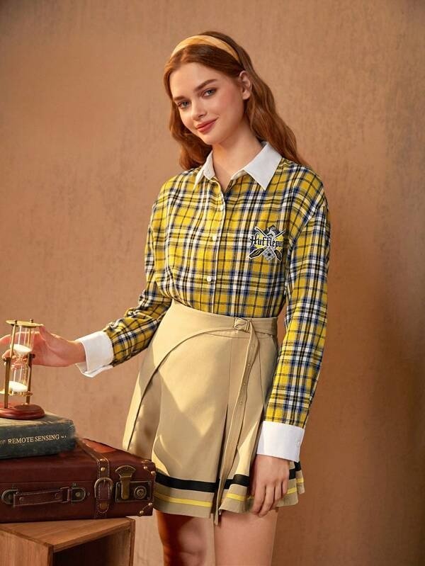 HARRY POTTER X SHEIN Plaid Print Drop Shoulder Shirt & Skirt