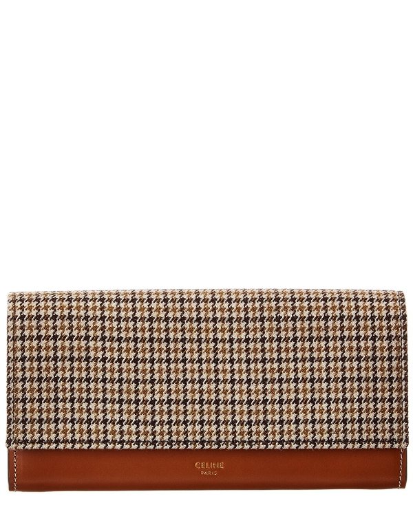 Large Flap Tweed & Leather Continental Wallet
