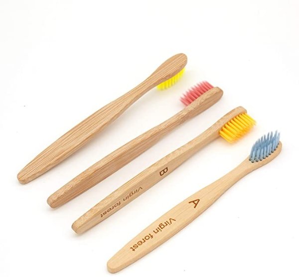 Kids Bamboo Toothbrushes, Biodegradable Handle, BPA-Free Soft Bristles, Children Size Set of 4 (4 Colors)