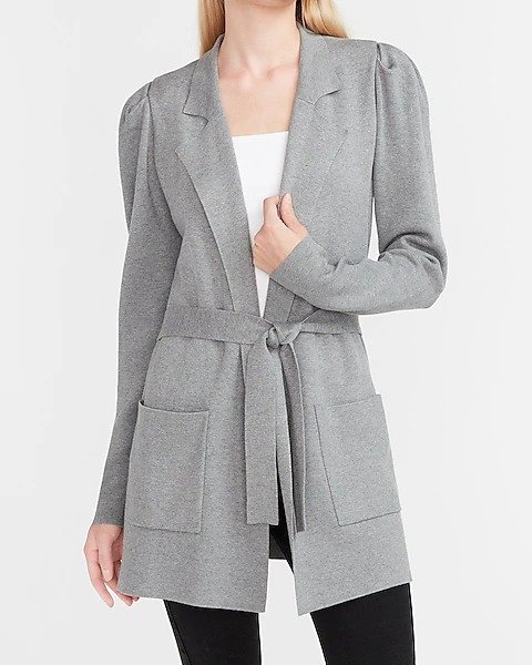 Collared Belted Puff Sleeve Sweater Jacket