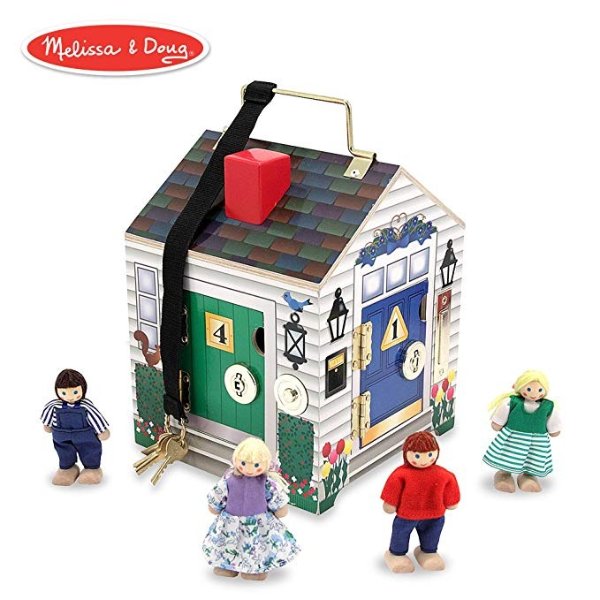 Take-Along Wooden Doorbell Dollhouse (Doorbell Sounds, Keys, 4 Poseable Wooden Dolls, 9" H x 6.8" W x 6.8" L)