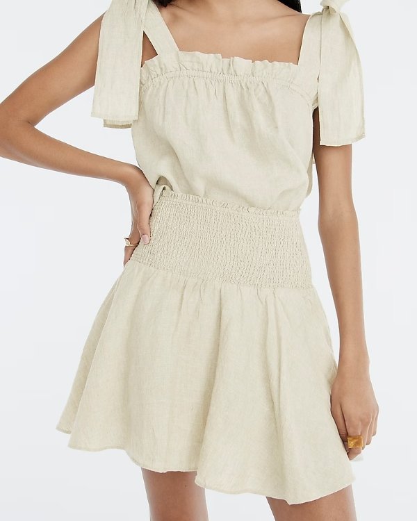 Smocked-waist linen mini skirt