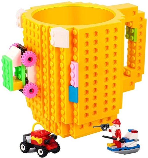 POXIWIN Build-on Brick Mugs,with 3 Packs of Blocks,Creative DIY Building Blocks Cup for Water Juice,Unique Mug Compatible with Lego,Novelty Kids Party Cups for Christmas,Yellow