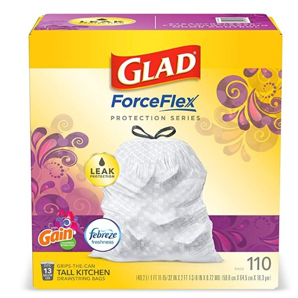 Protection Series ForceFlex Tall Kitchen Drawstring Trash Bags – 13 Gallon White Trash Bag, Gain Moonlight Breeze Scent with Febreze Freshness – (Package May Vary) 110 Count