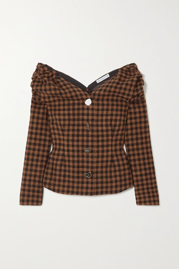Miriam off-the-shoulder button-embellished checked wool and cotton-blend blouse