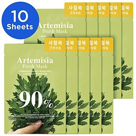 BRING GREEN ARTEMISIA 90% Fresh Mask (10 Count) - Daily Skincare Facial Mask Sheet for Moisturizing, Calming, Purifying, Sensitive to Dry Skin with Natural Ingredients, Beta-Carotene, Rosemary Leaf Oil, all Natural Fiber Sheet (0.7 fl.o.z.*10sheets, 20g*10sheets)