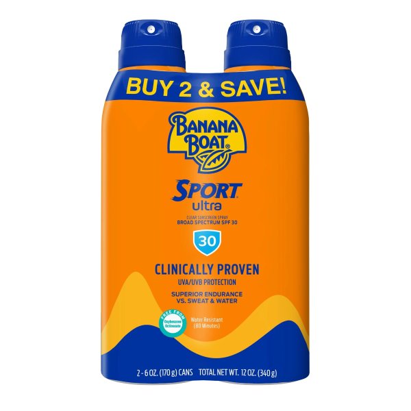 Sport Ultra Sunscreen Spray 12 Oz Twin Pack, 30 SPF, Water Resistant Sunblock (80 Minutes), Superior Endurance VS Sweat And Water