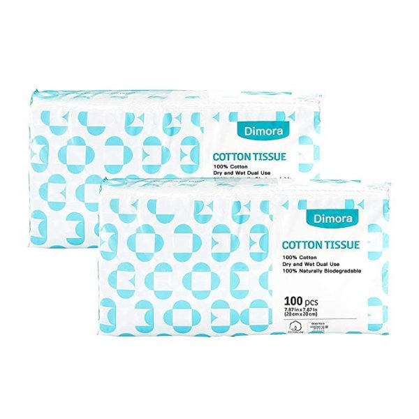 Soft Dry Wipe, Made of Cotton Only, 200 Count Unscented Cotton Tissues for Sensitive Skin