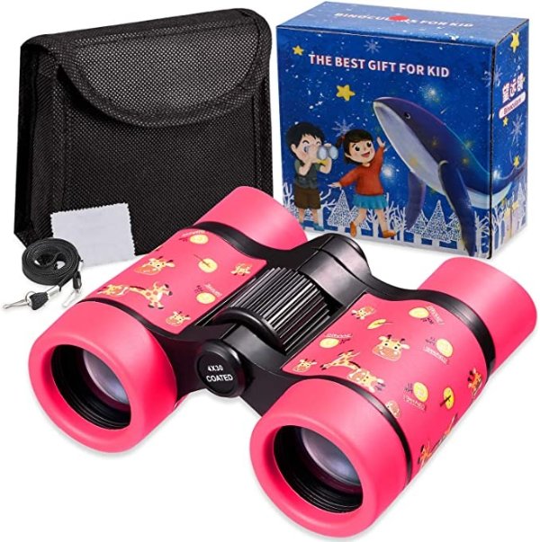 Newraturner Rubber 4x30mm Toy Binoculars for Kids - Waterproof Folding Small Kids Telescope for Bird Watching,Travel, Camping (Pink -01)