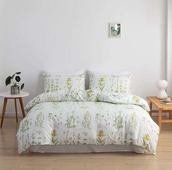 Duvet Cover Queen Size, 3 Pcs Floral Duvet Cover Botanical Yellow Flower Green Leave Comforter Cover Microfiber Bedding Set with Zipper Ties (1 Duvet Cover 90x90 inches+2 Pillow Cases)