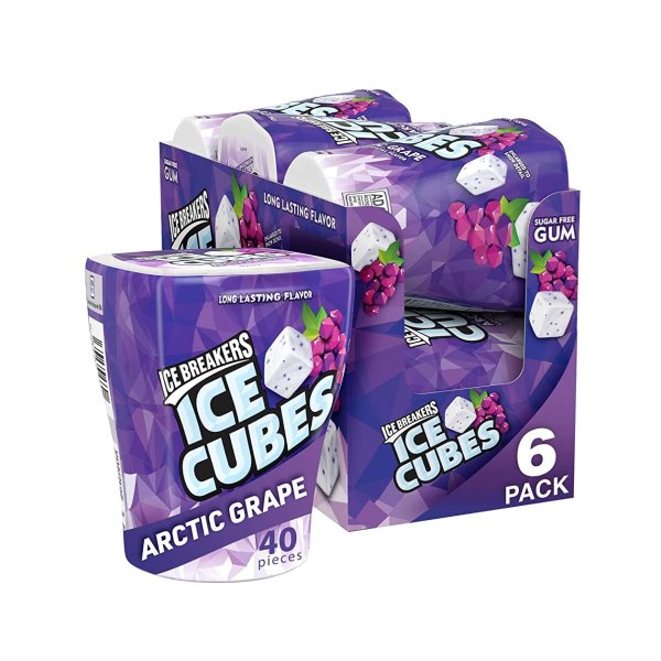 ICE CUBES Arctic Grape Flavored Sugar Free Chewing Gum, Made with Xylitol, 40 Piece Container (6 ct)