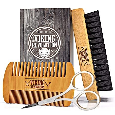 Revolution Beard Comb & Beard Brush Set for Men - Natural Boar Bristle Brush and Dual Action Pear Wood Comb w/Velvet Travel Pouch - Great for Grooming Beards and Mustaches