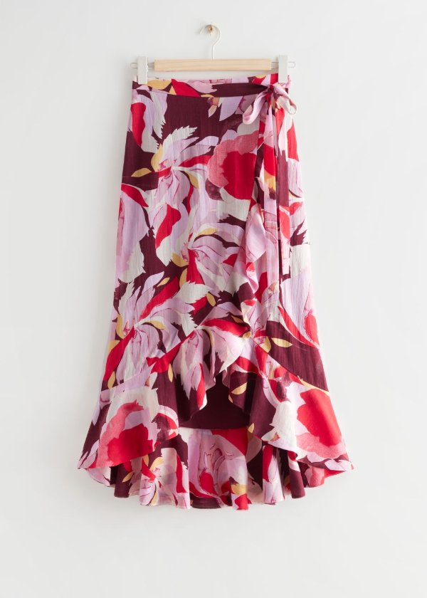 Flounced Floral Print Midi Wrap Skirt