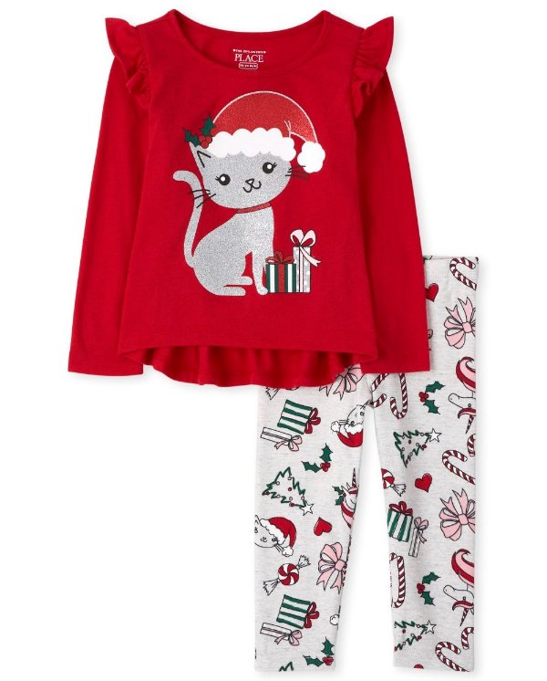 Toddler Girls Long Sleeve Christmas Cat Ruffle Top And Christmas Print Knit Leggings Outfit Set