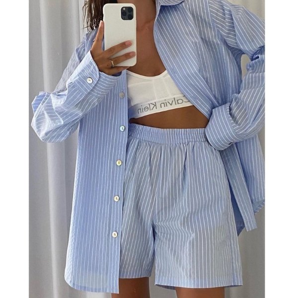 17.49US $ 44% OFF|Loung Wear Women's Home Clothes Stripe Long Sleeve Shirt Tops And Loose High Waisted Mini Shorts Two Piece Set Pajamas - Pajama Sets - AliExpress