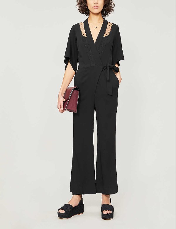 Embroidered panel crepe jumpsuit