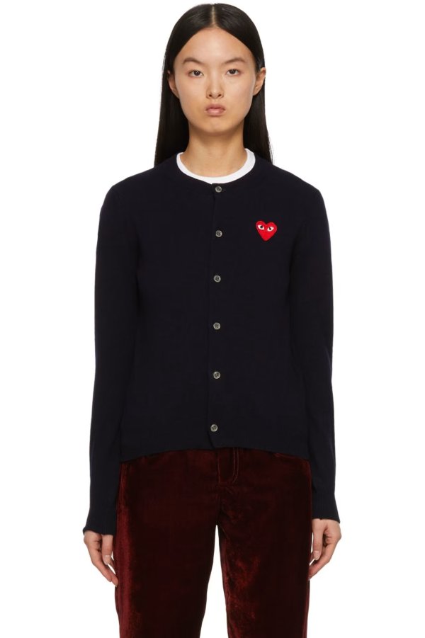 Navy & Red Heart Patch Cardigan
