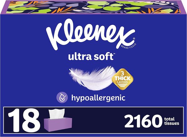 Kleenex Ultra Soft Facial Tissue, 18 Boxes, 120 Tissues per Box, 3-Ply (2160 Total Tissues)