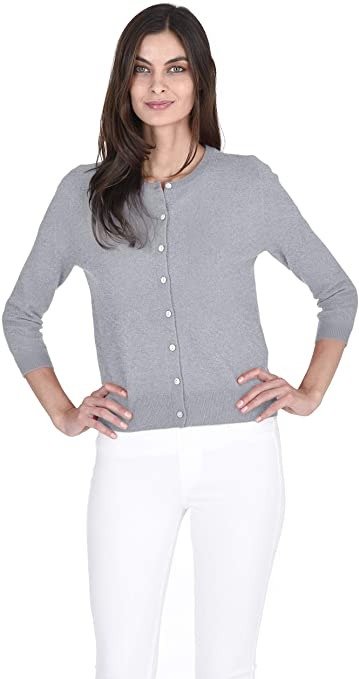 Fusio Button Front Three Quarter Sleeve Cardigan Cashmere Wool Crew Neck Sweater for Women