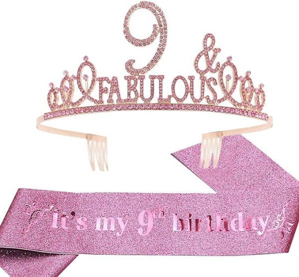 EBE EmmasbyEmma 9th Birthday Sash and Tiara for Girls - Fabulous Glitter Sash + Fabulous Rhinestone Pink Premium Metal Tiara for Girls, 9th Birthday Gifts for Princess Party