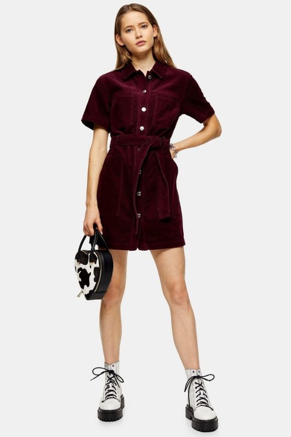 Berry Corduroy Short Sleeve Shirt Dress