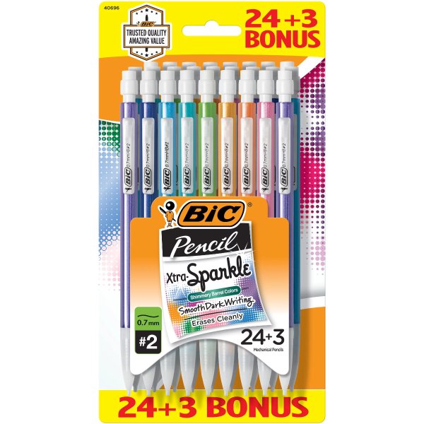 Xtra-Sparkle No. 2 Mechanical Pencils With Erasers, Medium Point (0.7mm), 24 + 3 Bonus Pencils