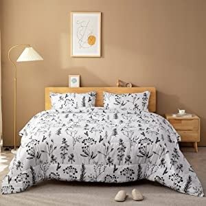 Queen Size Comforter Set, Ultra Soft Microfiber, 3 Pieces White Bedding Comforter Sets, Queen Bed Floral Comforter Sets Lightweight and Fluffy, Cute Flowers Comforter for All Seasons
