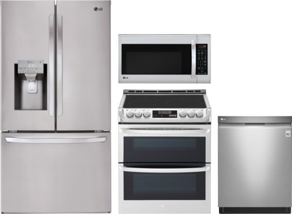 LG LGRERADWMW4221 4 Piece Kitchen Appliances Package with French Door Refrigerator, Electric Range, Dishwasher and Over the Range Microwave in Stainless Steel