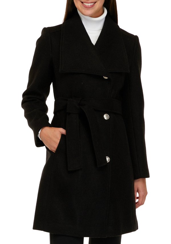 Women's Faux Wool Belt and Envelope Collar Trench Coat