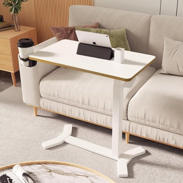 SANODESK Medical Adjustable Overbed Bedside Table with Hidden Casters, Pneumatic Mobile Laptop Computer Standing Desk Cart with Tray, Hospital and Home Use(31.5" W x 17.7" D, White)
