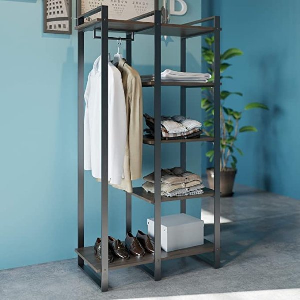 Brock Etagere Bookcase with Hanging Storage / 4-Shelf Bookcase / Metal Frame / Solid Acacia Wood / Easy Assembly