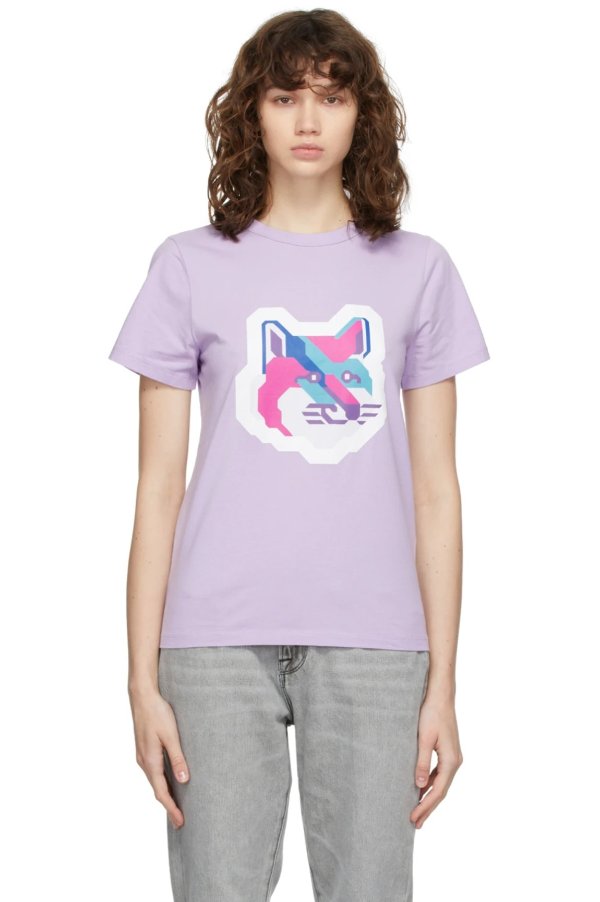 Purple Pixel Fox Head Print Classic T-Shirt