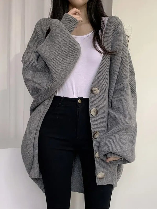 Lantern Sleeve Solid V Neck Cardigan Single Breasted Loose Comfortable Sweater Women's Clothing - Clothing, Shoes & Jewelry - Temu