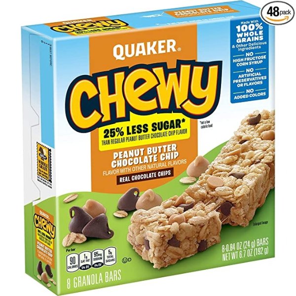 Peanut Butter Chocolate Chip Chewy Granola Bars Reduced Sugar, 0.84 Ounce , 8 Count (Pack of 6)