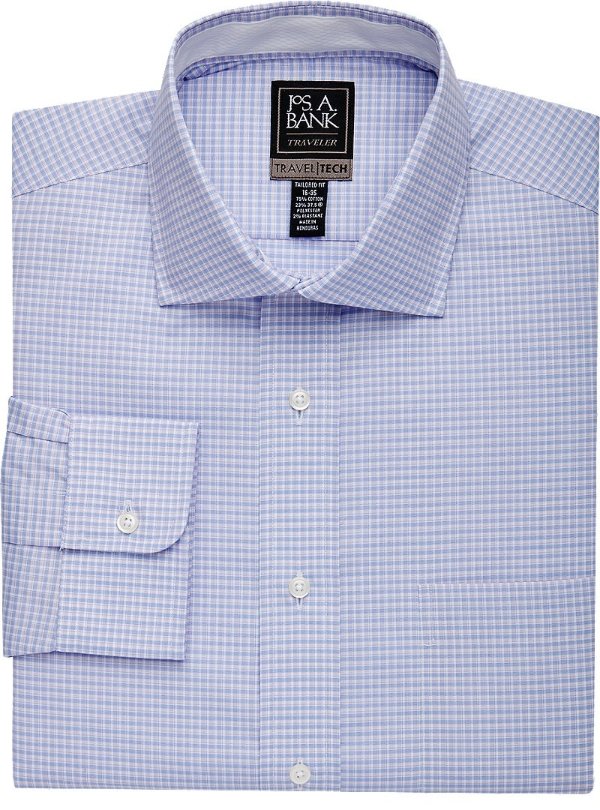 Travel Tech Collection Tailored Fit Spread Collar Plaid Dress Shirt