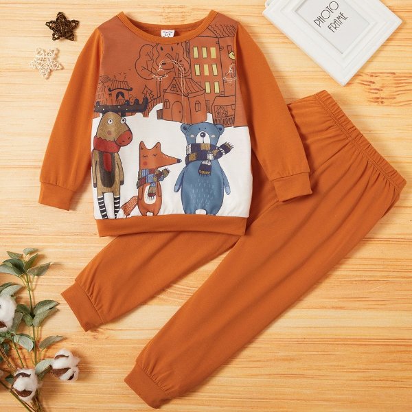 2-piece Toddler Boy Animal Cartoon Pattern Pullover and Solid Casual Pants Set