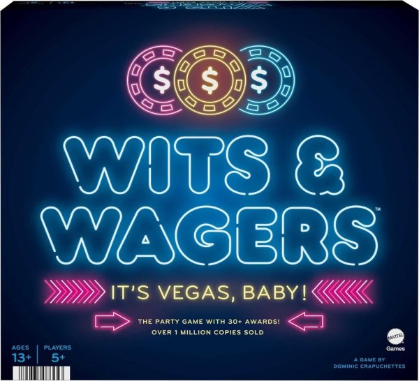 Mattel Games WITS & WAGERS VEGAS EDITION Trivia Family Party Board Game with 28 x 11 Inch Felt Mat, Dry Erase Boards, Dry Erase Markers, Question Cards, Poker Chip & Betting Tokens, For Age 13+