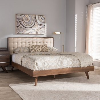 Baxton Studio Soloman Mid-Century Modern Fabric and Walnut Brown Finished Wood Platform Bed