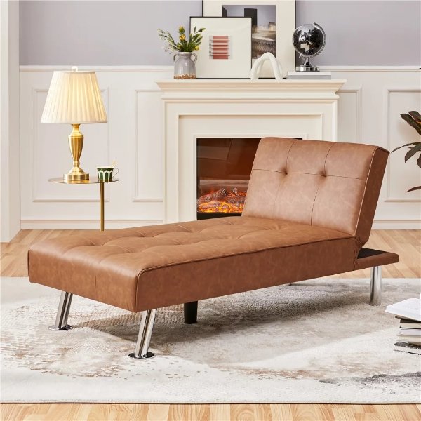 Easyfashion Faux Leather Chaise Lounge Convertible Futon Daybed With Chrome Metal Legs, Brown