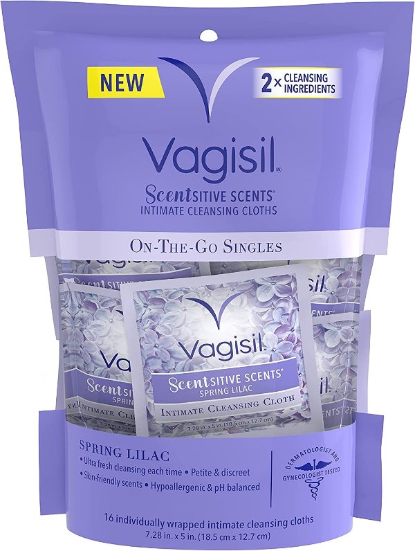 Vagisil Scentsitive Scents On-The-Go Feminine Mini Cleansing Wipes, pH Balanced, Spring Lilac, 16 Count