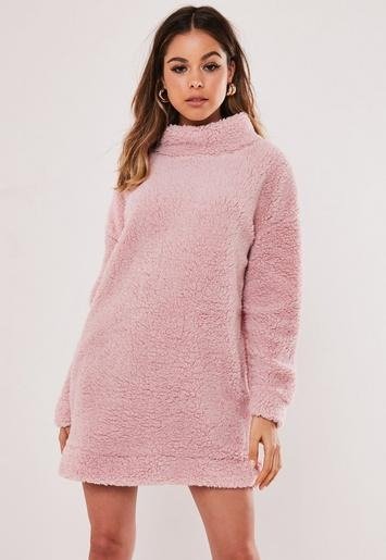 - Pink Borg Teddy High Neck Sweater Dress