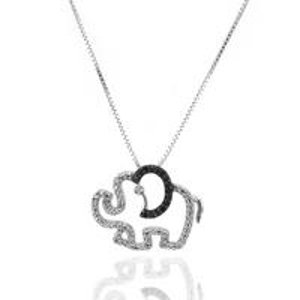 Black & White Diamond Elephant Pendant in Sterling Silver with Chain